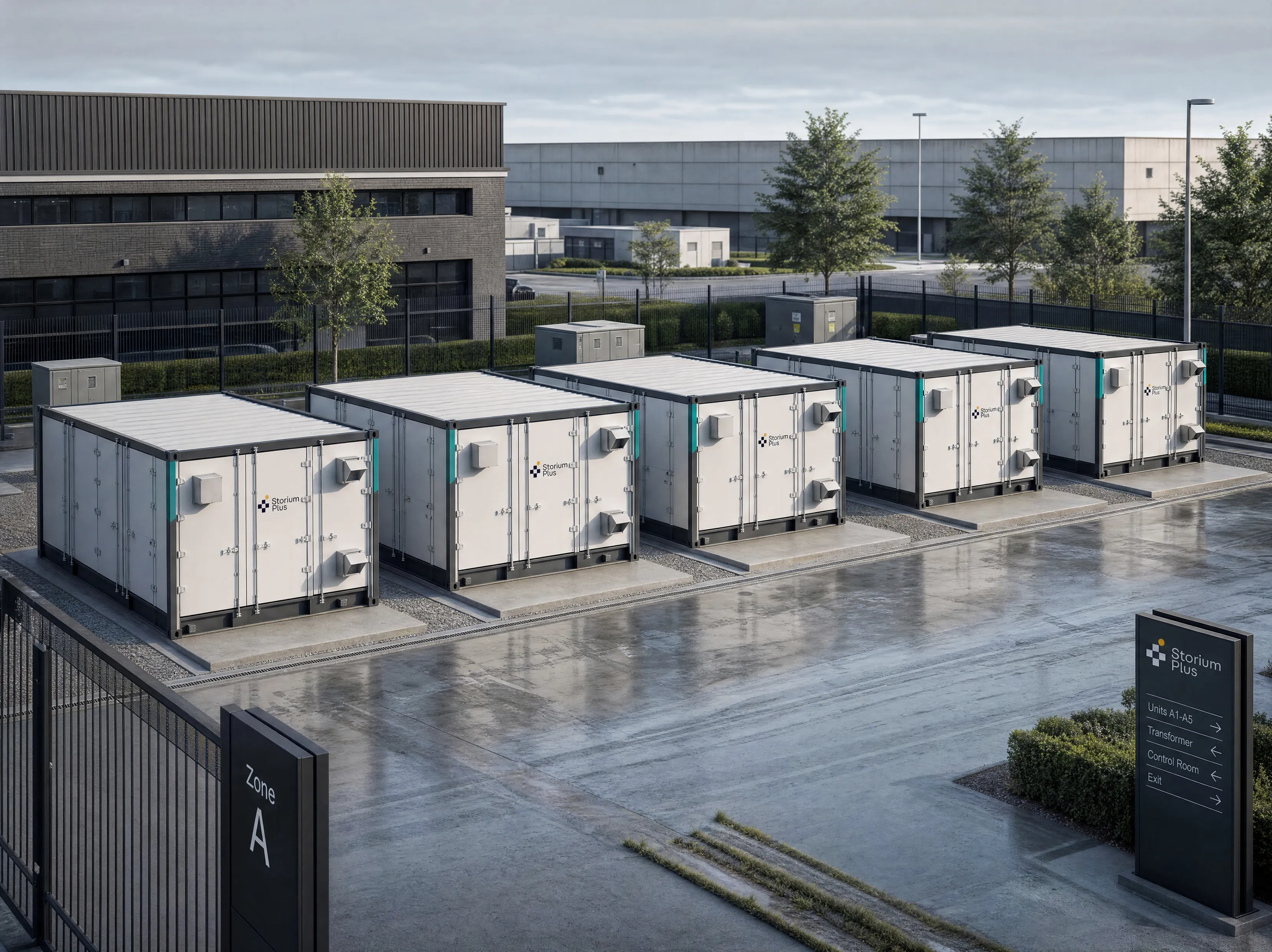 Productielocatie met grootschalige batterijcontainers en StoriumPlus-sturing