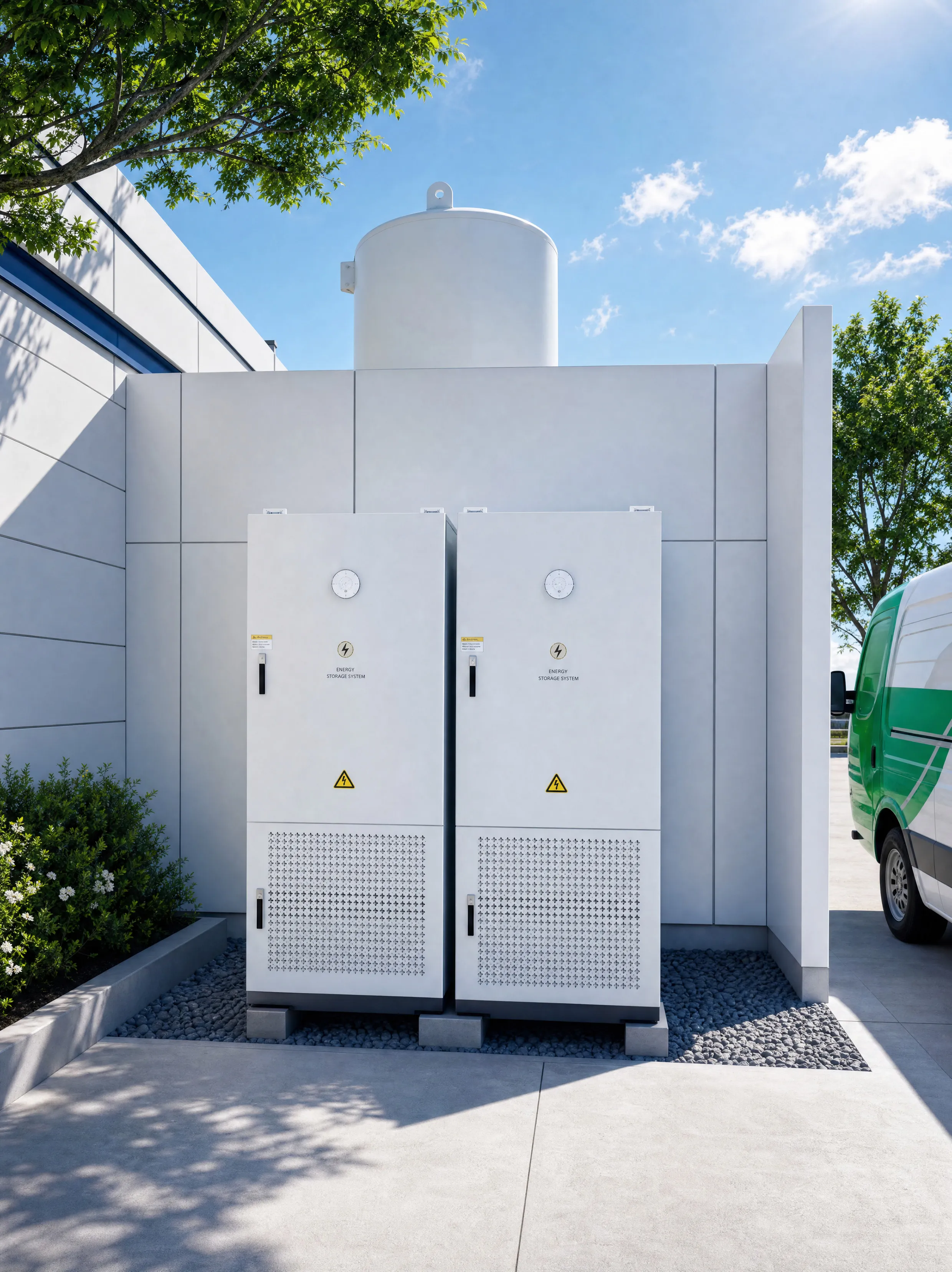Batterijopslagcabinet naast een bedrijfsgebouw