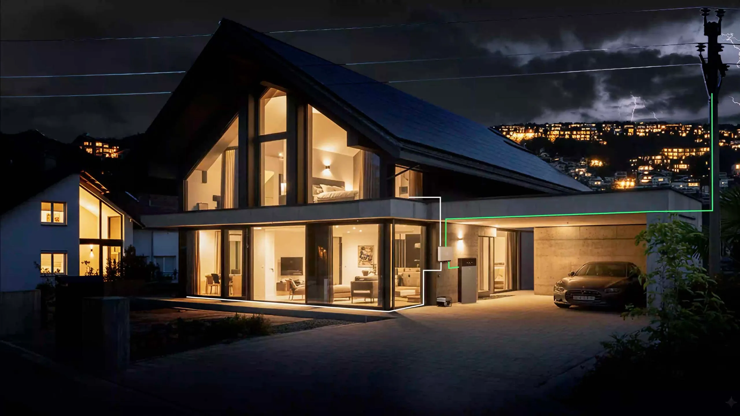 Verlicht huis 's nachts terwijl onweer boven de omgeving hangt