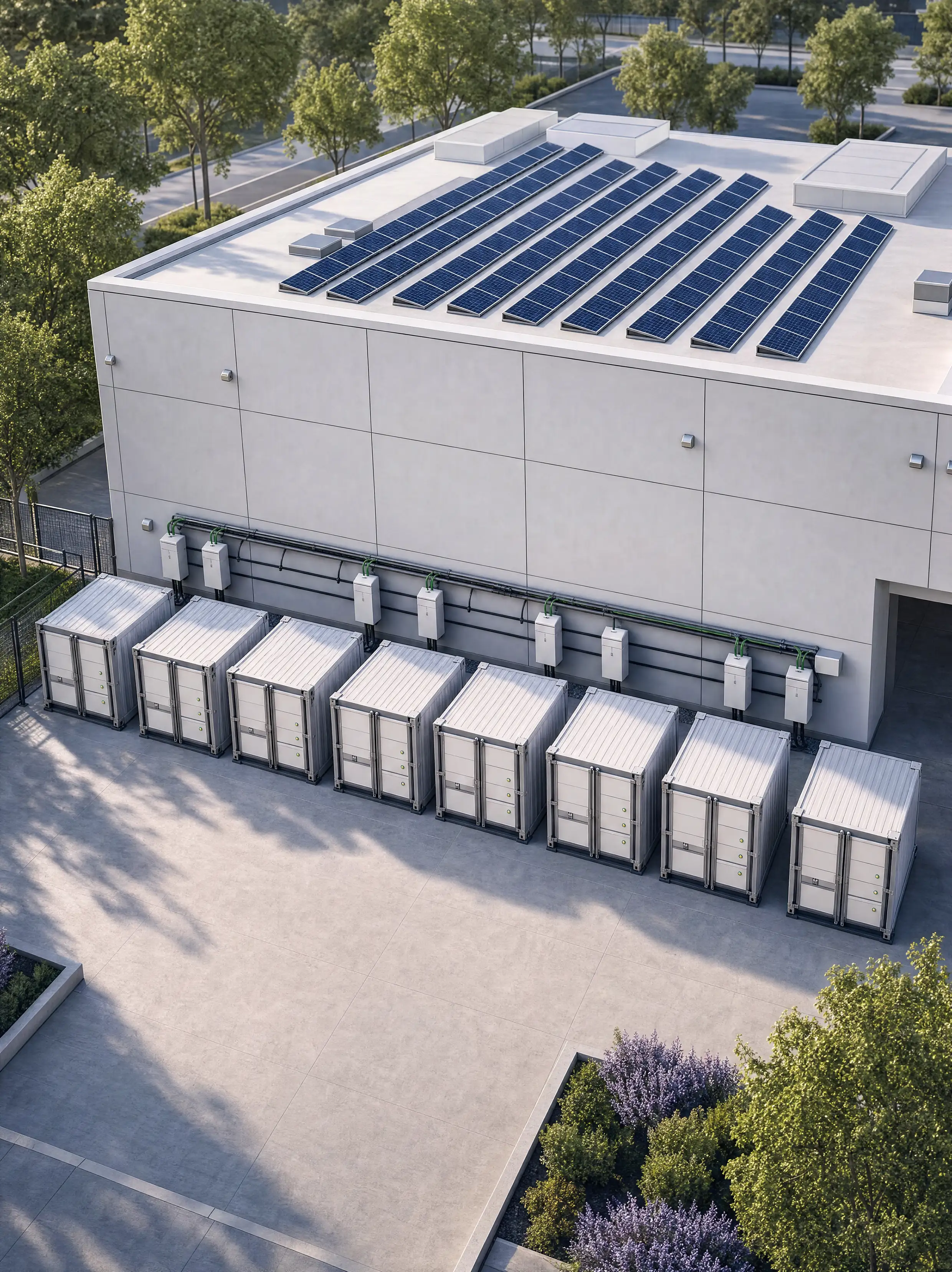 Productielocatie met zonnepanelen en batterijopslag achter de meter