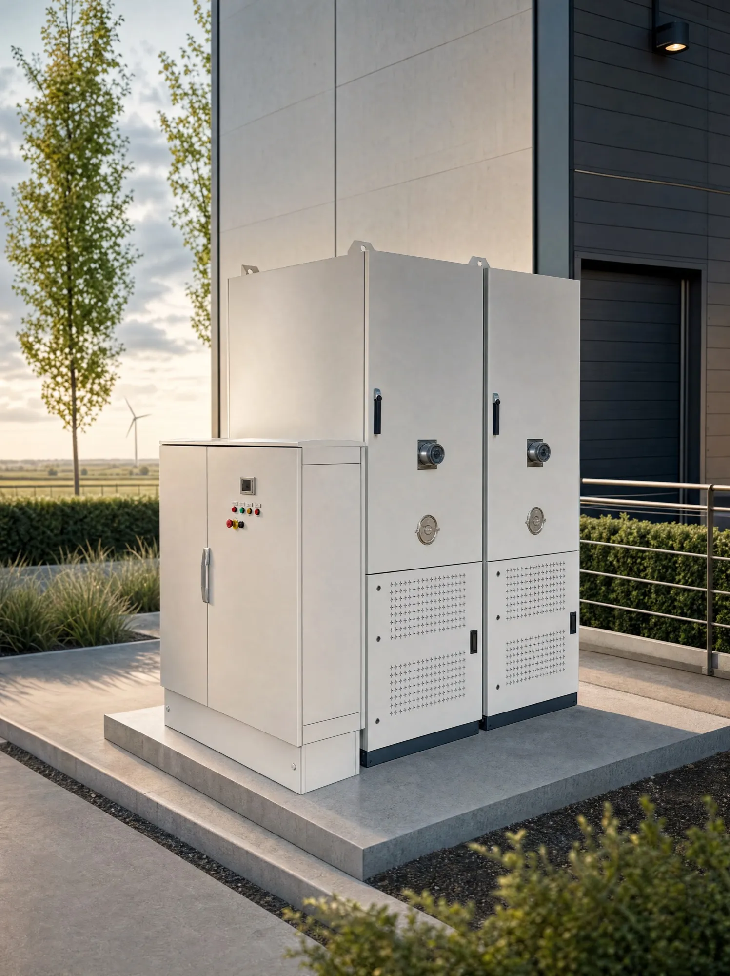 Batterijkasten van StoriumPlus naast een productiegebouw in het Vlaamse landschap
